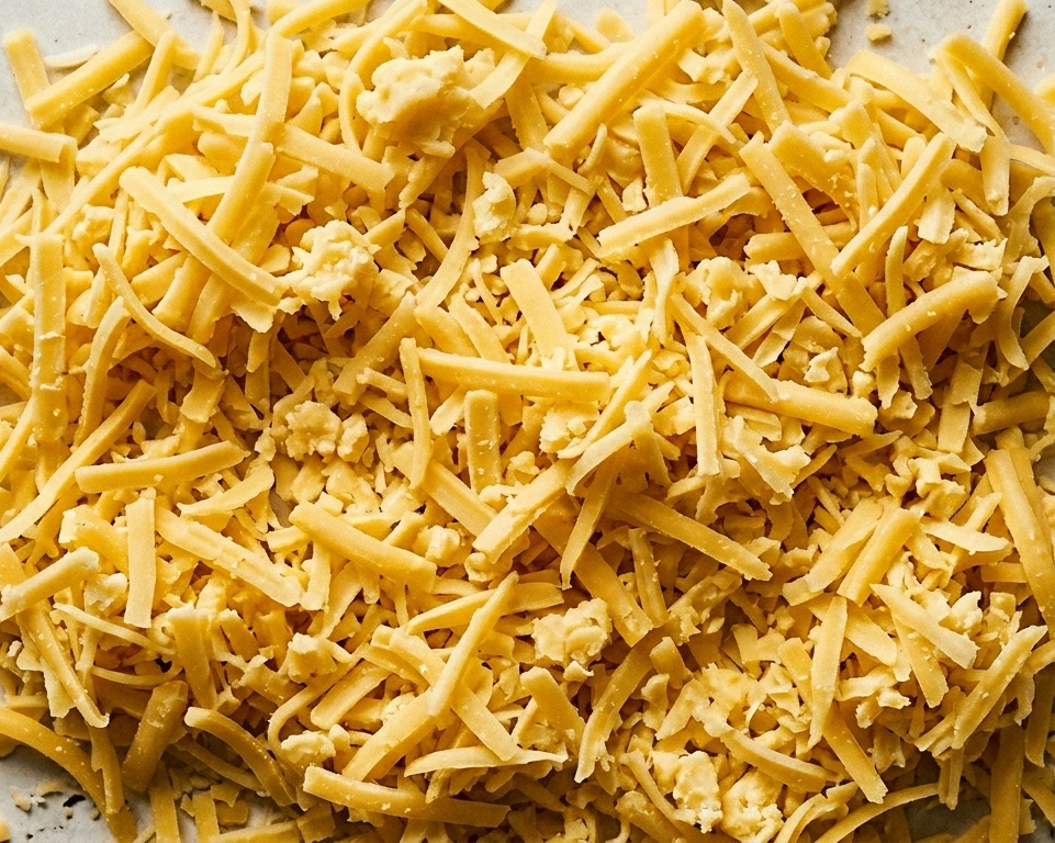 Shredded yellow cheese on a gray surface