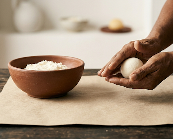 Person shaping a pão de queijo and a bowl of dough on a wooden surface