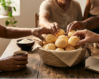 People gathered around a table with a basket of pão de queijo and cups.
