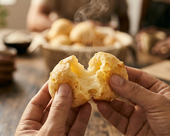 Person holding a pão de queijo with a blurred background of people and food.